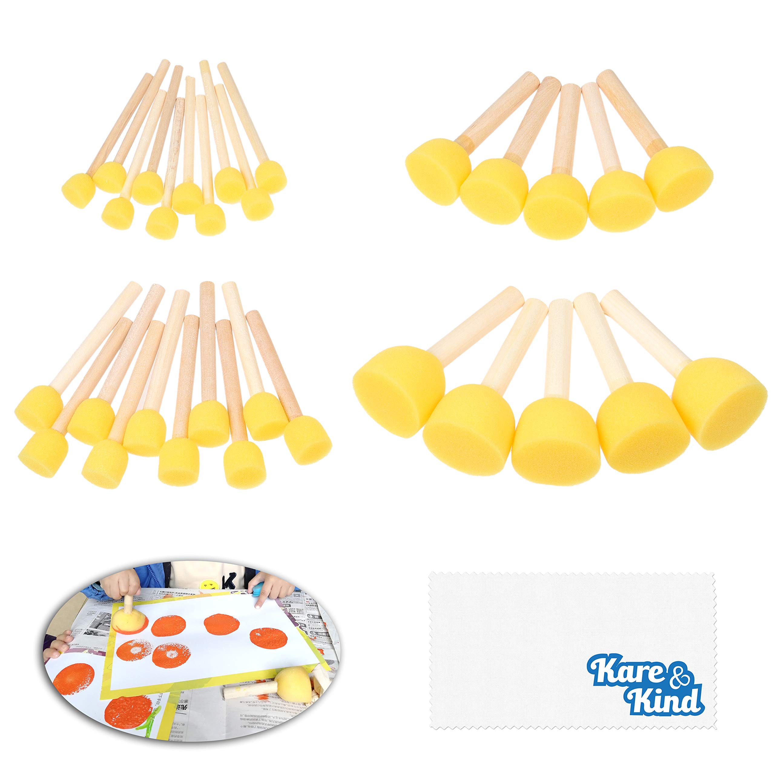 Kare & Kind 30 pcs Round Sponges Brush Set - Painting Tools - For DIY Arts, Crafts, Stencils, Graffiti - Assorted Sizes - Foam Brush and Wooden Handle - for Kids, Artists