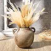 Fobule Rustic Ceramic Flower Vase with 2 Handles, Small Decorative Terracotta Boho Vase for Living Room, Table Centerpiece, Shelf Decor, Farmhouse, Entryway - 5.8 Inch Tall, Vintage Gray