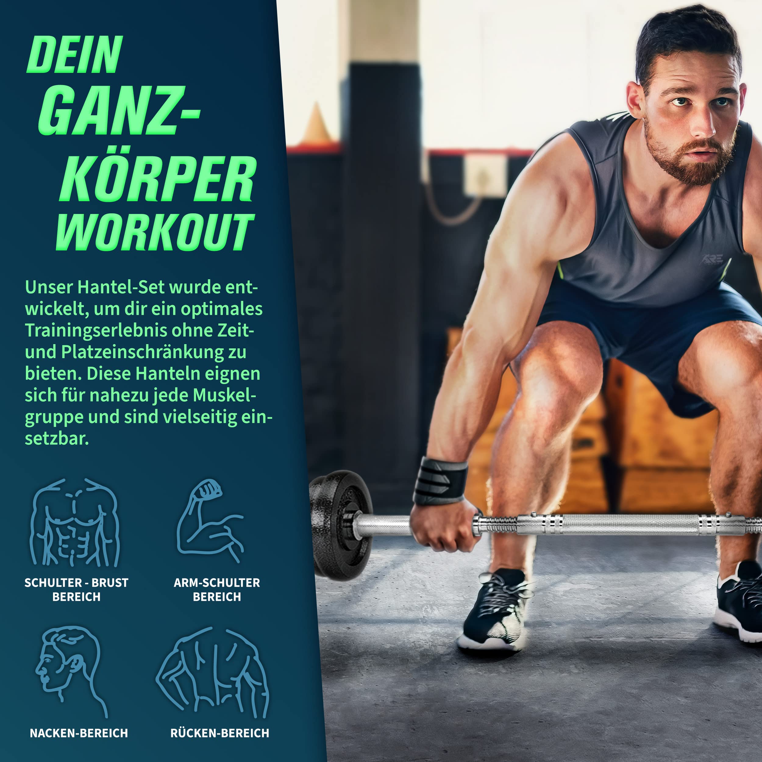 RE:SPORT 2 in 1 Hanteln Set 30kg | Hantelset Gusseisen verstellbar | Kurzhantel & Langhantel | Sternverschlüsse & Verbindungsrohr 6