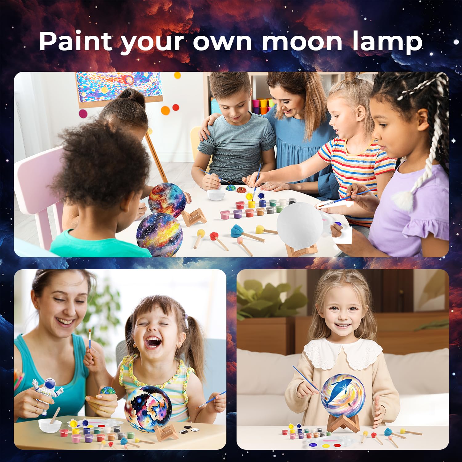 EDUMAN Paint Your Own Moon Lamp Kit, DIY 3D Moon Night Light with Space Figurines & Wooden Stand,Space Toys Night Light Gift for Kids Ages 3-12, Arts and Crafts Kit for Teens Girls Boys