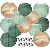 YUNXUAN Paper Lanterns Decorative, Sage Green Forest Tan Hanging Round Chinese Lanterns with Lights for Rustic Party Sage Green Birthday Party 12 LED Light Pack of 12