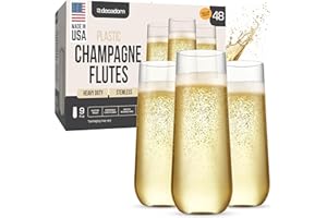 DECADORN Clear Stemless Champagne Flutes Plastic 48 Pack - 9oz Plastic Champagne Glasses - Durable and Sturdy Mimosa Glasses For Parties - Shatterproof, Recyclable, BPA-Free, Smooth Rims.