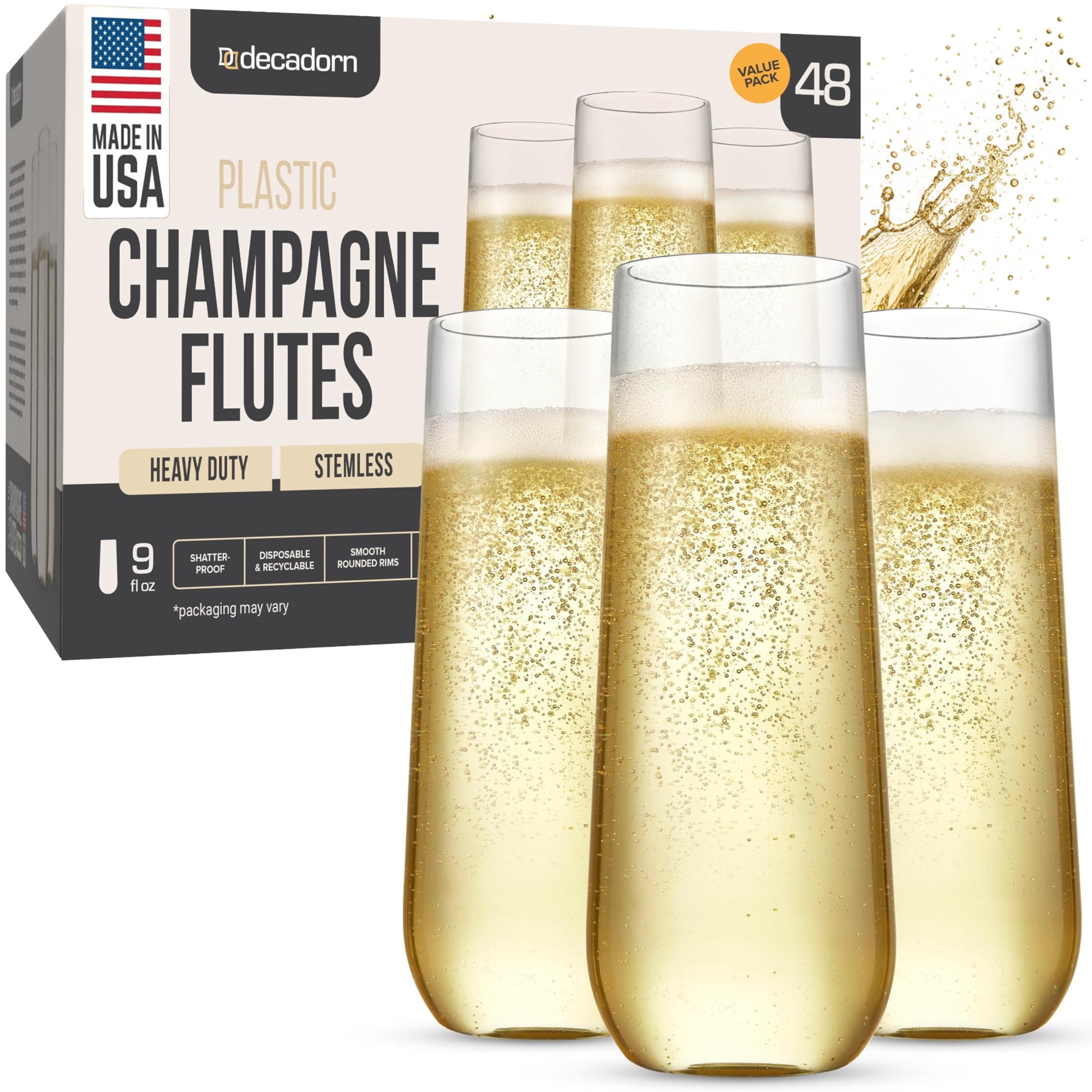 Photo 1 of DECADORN Clear Stemless Champagne Flutes Plastic 48 Pack - 9oz Plastic Champagne Glasses - Durable and Sturdy Mimosa Glasses For Parties - Shatterproof, Recyclable, BPA-Free, Smooth Rims.
