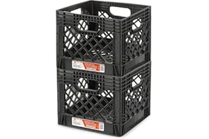 Juggernaut Storage 2-Pack Stackable Heavy Duty Milk Crates with Handles, 16 Qt, Black - Organizing Plastic Crate Basket for Grocery Shopping, Home Supplies, and Bathroom Accessories