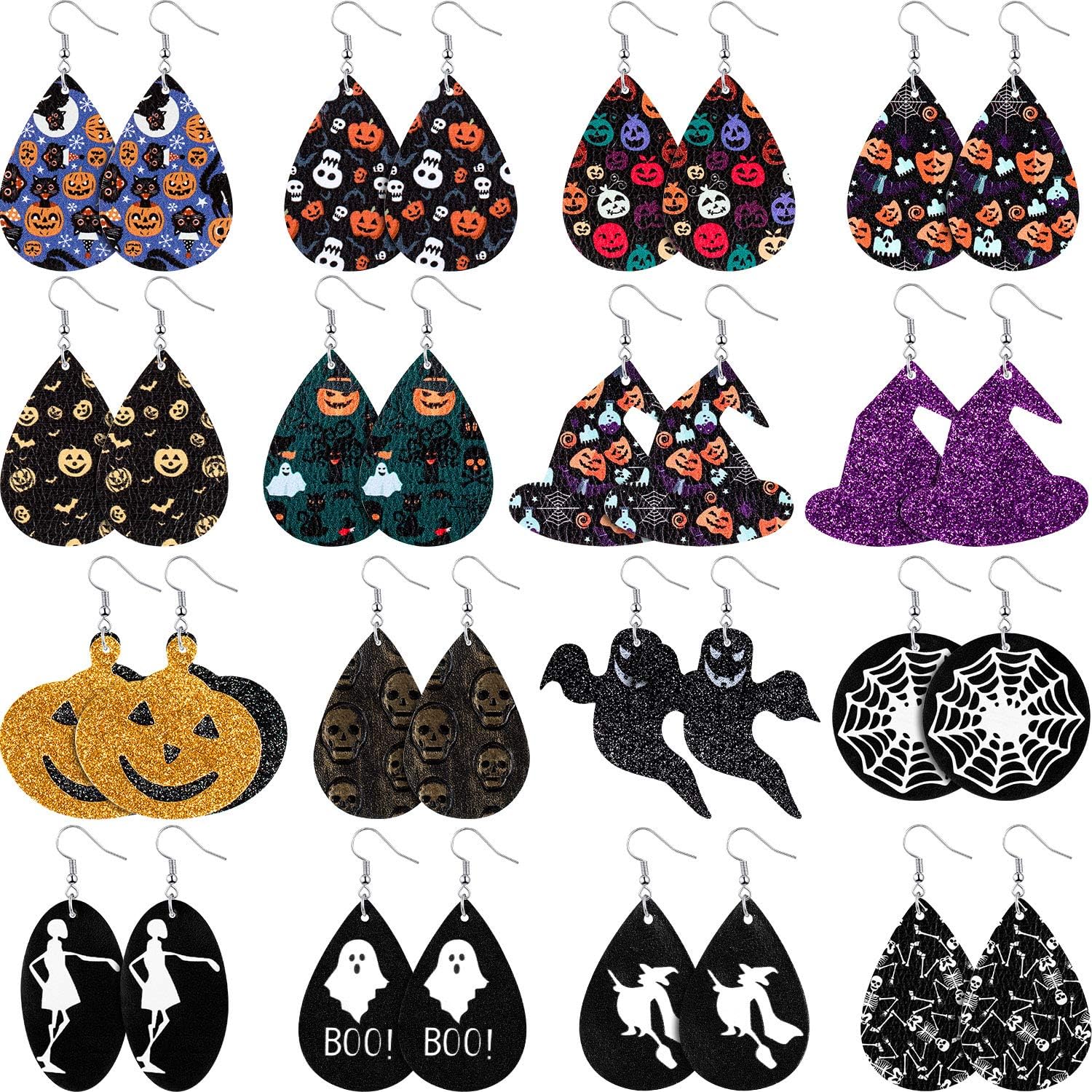 16 Pairs Halloween Faux Leather Earrings Pumpkin Skull