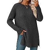 Velvelhall Oversized Sweaters for Women Lightweight Long Sleeve Crew Neck Ribbed Side Slit Loose Fall Top Pullover
