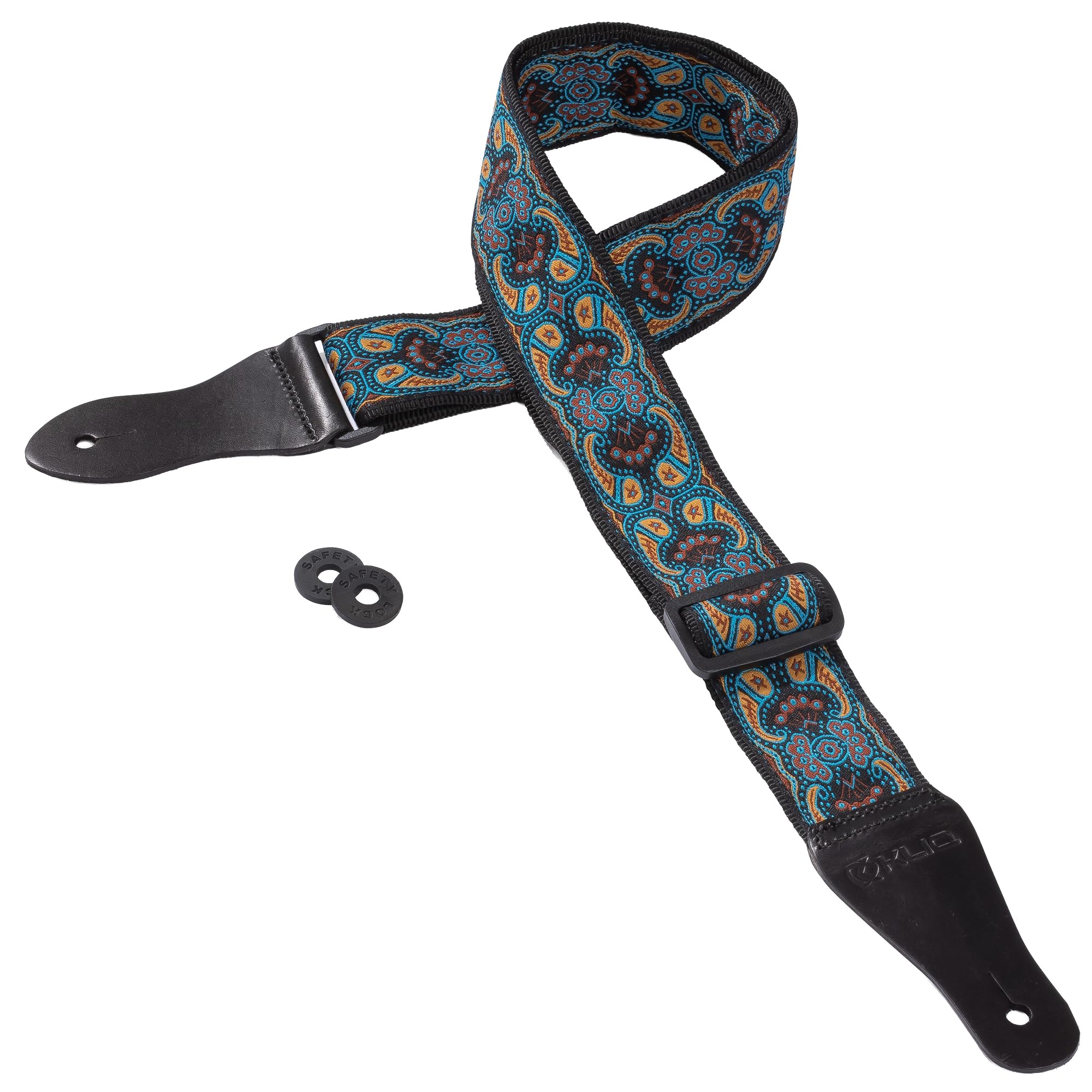 KLIQ Vintage Woven Guitar Strap for Acoustic and Electric Guitars + 2 Free Rubber Strap Locks, 2 Guitar Picks and 1 Lace | '60s Jacquard Weave Hootenanny Style | Turquoise & Coffee Paisley