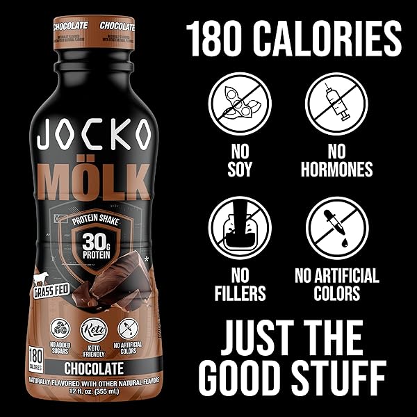 JOCKO MÖLK 30G GRASS FED PROTEIN SHAKES – NO ADDED SUGAR PROTEIN DRINKS KETO FRIENDLY – READY TO DRINK 12 FL OZ (PACK OF 12) CHOCOLATE