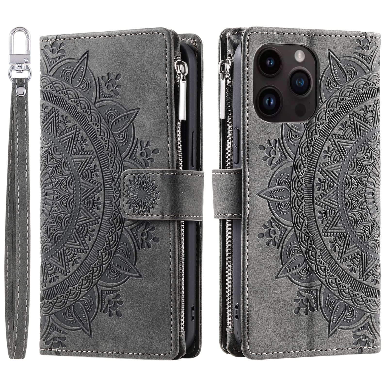 VEEMOS Wallet Case for iPhone 15 Pro Flower Flip Case Protective Leather Folio Book Phone Cover with Card Slots Kickstand Zipper Pocket - Grey