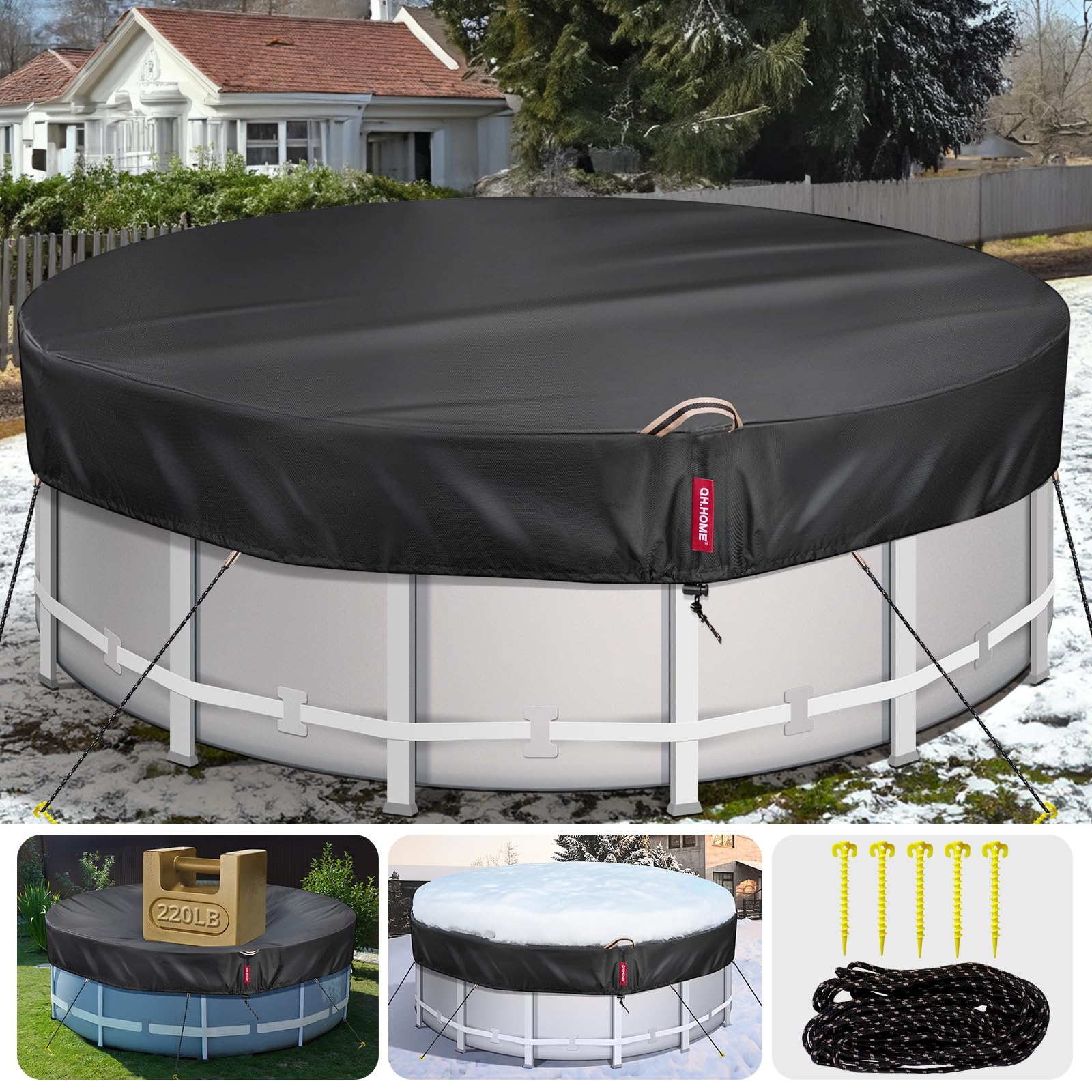 Photo 1 of QH.HOME 15 Ft Round Winter Pool Covers for Above Ground Pools - [634N Strong Tear Resistant & 500D Upgrade Extra Dense Fabric] Solar Swimming Pool Cover with Fade Resistant, Windproof - Black