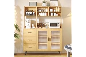 VOWNER Kitchen Hutch Storage Cabinet, Freestanding Kitchen Pantry with Glass Doors and 3 Drawers, Modern Sideboard Buffet Cabinet for Dinning Room, Living Room