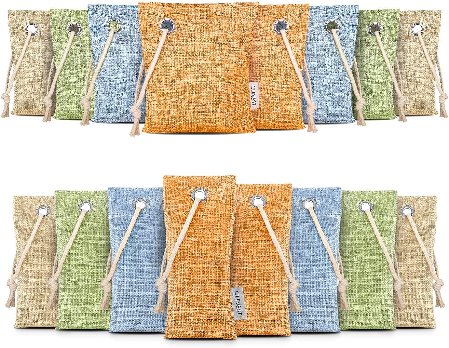 CLEVAST 16 Pack Activated Bamboo Charcoal Air Purifying Bags(8x100g, 8x50g), Natural Fresh Odor Absorber, Deodorizer and Moisture Eliminator, Air Purifier Bags for Home, Closet, Car Air freshener