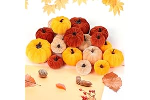 Lonfliness 18Pcs Fall Velvet Pumpkin Harvest Decoration Assorted Faux Orange Brown Yellow Small Fabric Foam Pumpkin for Autumn Thanksgiving Farmhouse Table Centerpiece Halloween Mantel Party Favor