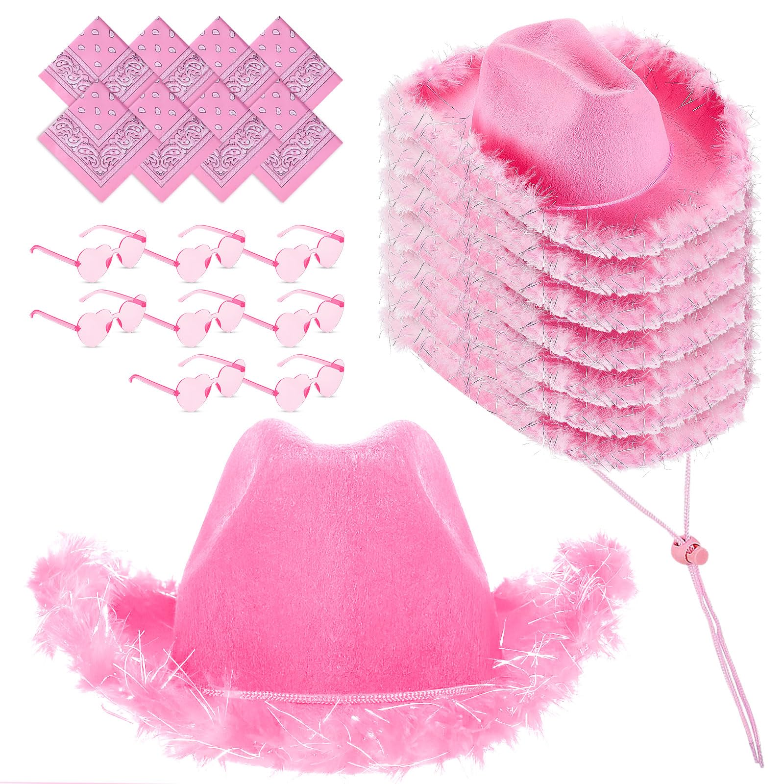 JTKDG 24 Pcs Cowgirl Hats Bulk for Women, Fluffy Feather Western Cowboy Hat with Paisley Bandana and Heart Sunglasses for Wedding Bachelorette Birthday Party