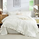 WONGS BEDDING White Comforter Set King,7 Pieces Ruffle Comforter Set with Sheets,Textured Bed in a Bag for King Bed 104"×90"