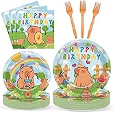 96PCS Capy Themed Bara Birthday Party Supplies Cute Cartoon Capy Paper Plates and Napkins Kapybara Themed Disposable Tableware Animal Dinnerware Decorations Set for Kids Birthday Baby Shower Serves24