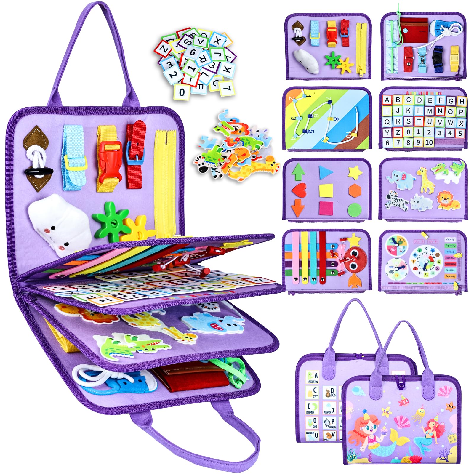 Esjay Toddler Busy Board Montessori Toys for Girls, Sensory Book Educational Activities Learning Fine Motor Skills, Birthday Gifts for Girls Toddlers, Travel Toys for Airplane Car, Purple Merpeople
