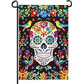 Dacawin Day of the Dead Garden Flag Skull Welcome Floral Yard Flag Mexican Gothic Skeleton Flowers Birds Double-Sided Garden Flags Fiesta Dia DE Los Muertos Burlap House Banner 12x18 Inch