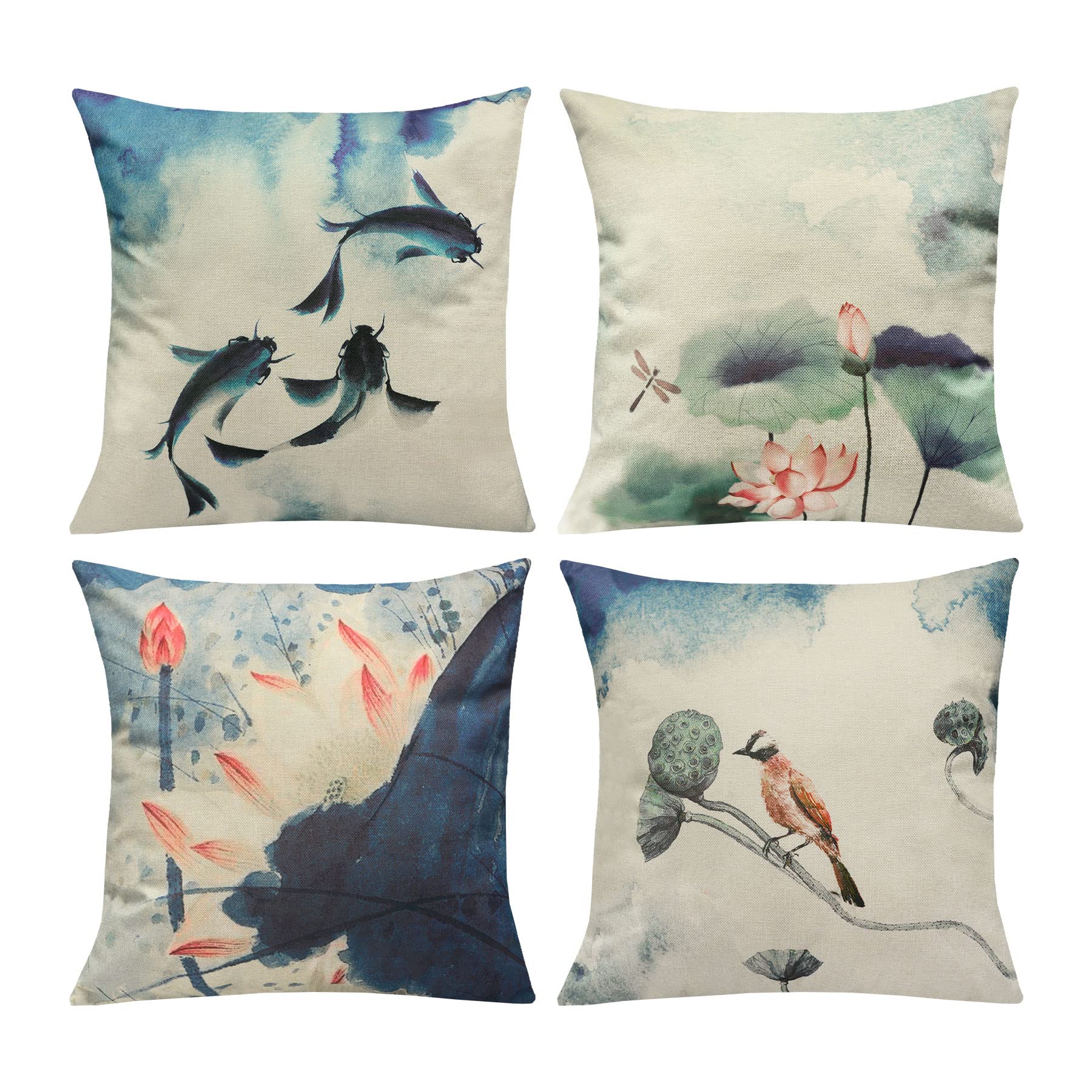 LIGICKY Set of 4 Farmhouse Decorative Throw Pillow Covers Chinoiserie Ink Style Linen Pillows for Couch Cushion Bed Outdoor 45 x 45 cm