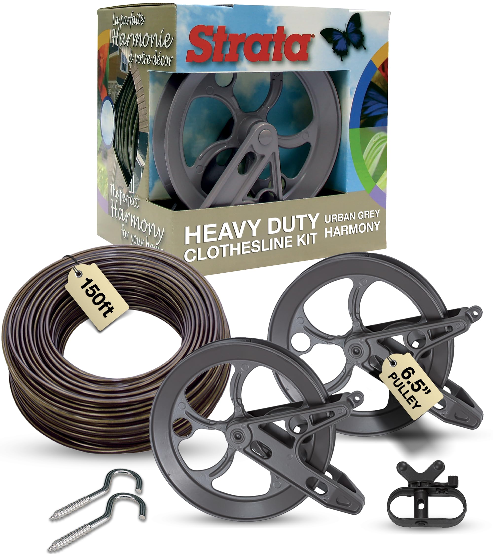 Strata Urban Grey Harmony Clothesline Outdoor Heavy Duty Kit - 150 Feet Galvanized Wire Mocha PVC Coating, 6.5" Clothesline Pulley 2pcs, Metal Mini Winch Tightener 1pc & 2 Metal Hooks