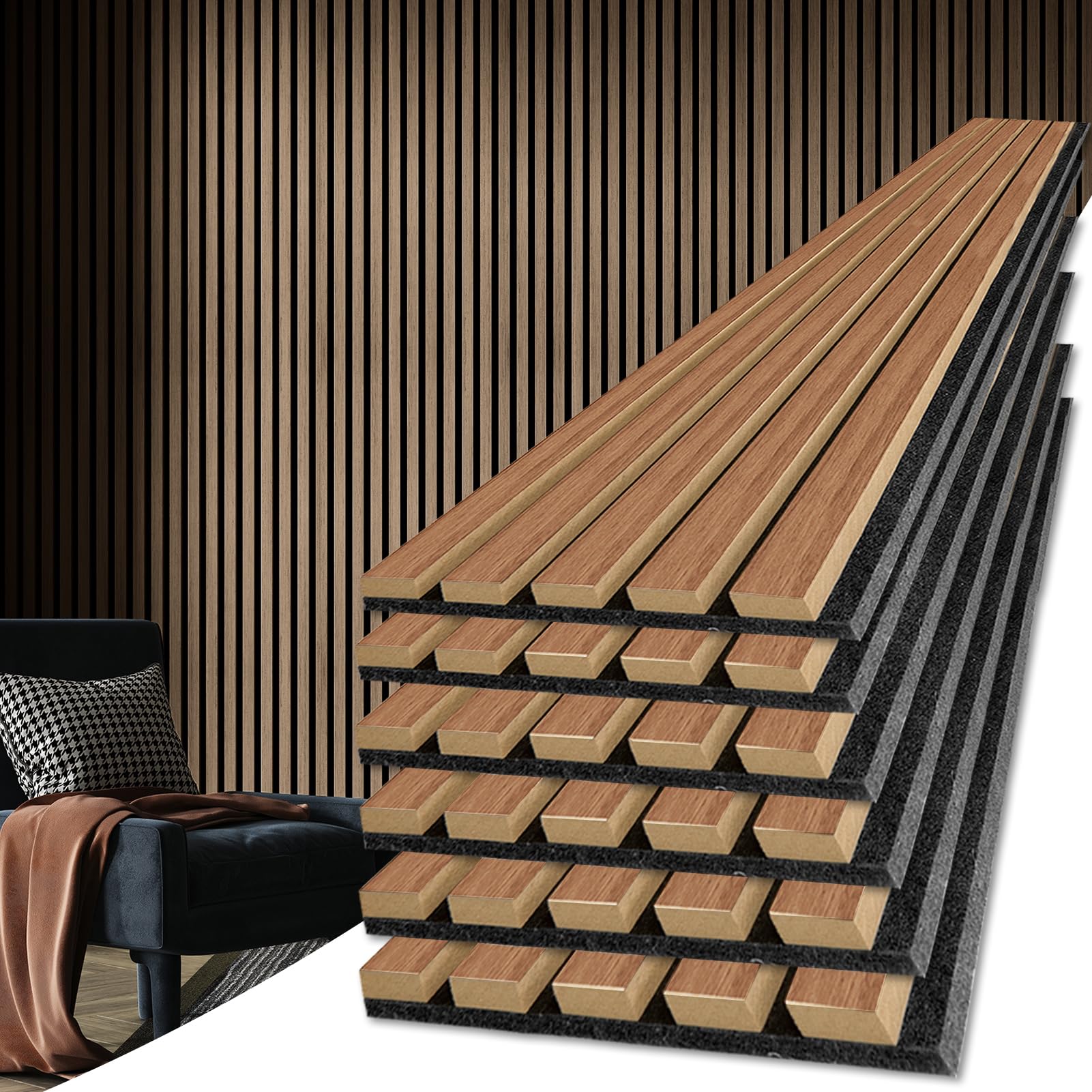 Photo 1 of Art3d 6-Piece Wood Slat Acoustic Panels for Stylish Decor and Noise Reduction, 3D Textured Panel for Ceiling and Wall, Walnut