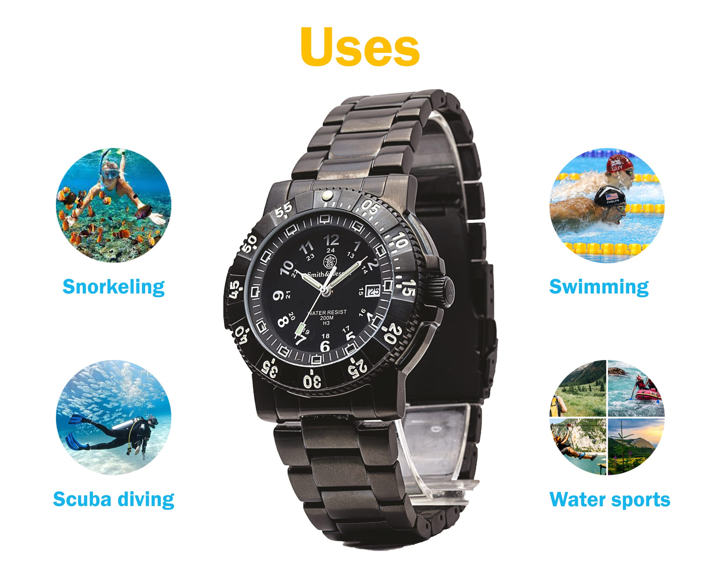 Smith & Wesson 357 Series Swiss Tritium H3 Tactical Military Watch, 20ATM Waterproof Men's Diver Tiempeice with Analog Display, 45mm Field Watch with Rubber Strap, Swiss Parts, Thailand Movement