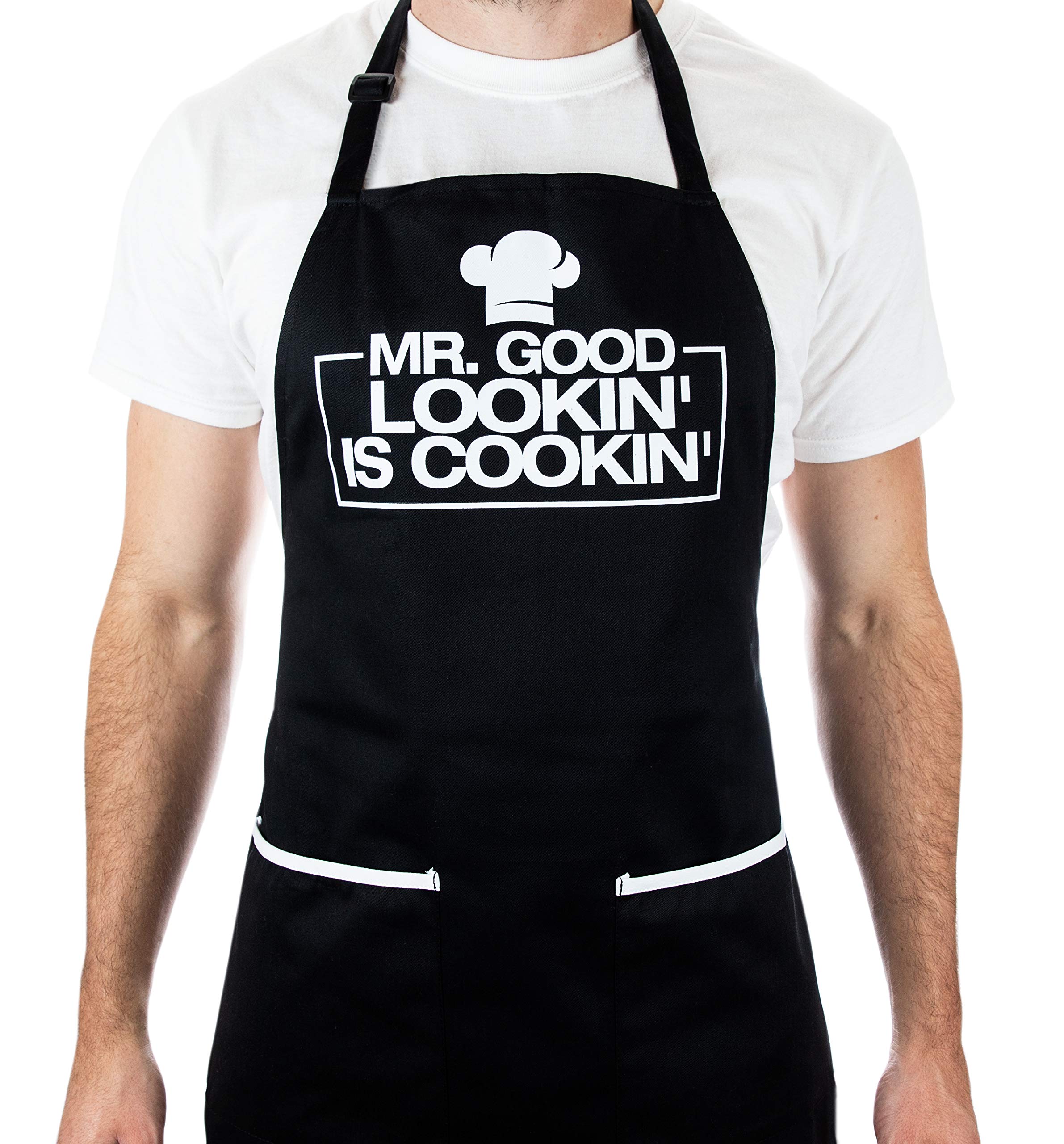 ALLER HOME&KITCHEN Funny Apron for Men with 2 Large Pockets One-Size-Fits-All Chef Apron for Grilling, Cooking, Fits BBQ Grill Accessories,Phone, Black, One size fits most