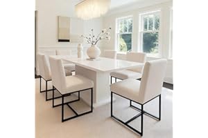 HNY Century Modern Dining Chairs Set of 6, Linen Fabric Kitchen & Dining Room Chair, Upholstered Dining Chair Side Chair with Black Finish Metal Frame, Cream 6 PC