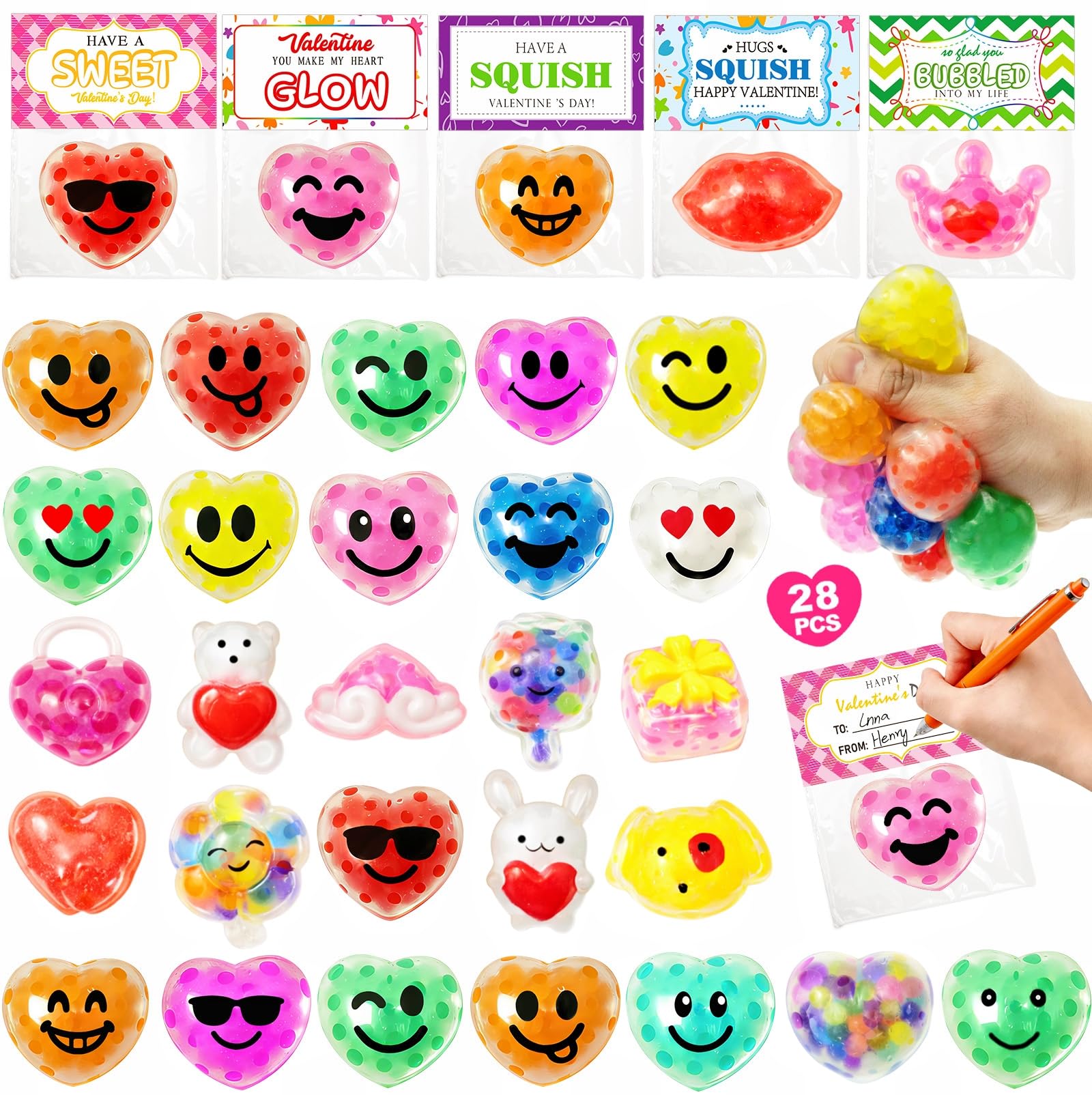 28 Pack Valentines Day Gifts for Kids, Valentines Squishy Stress Balls with Valentine Cards Classroom Prizes Exchange Gifts Prizes Valentines Day Gifts for Kids Boy Girl Valentine Party Favors