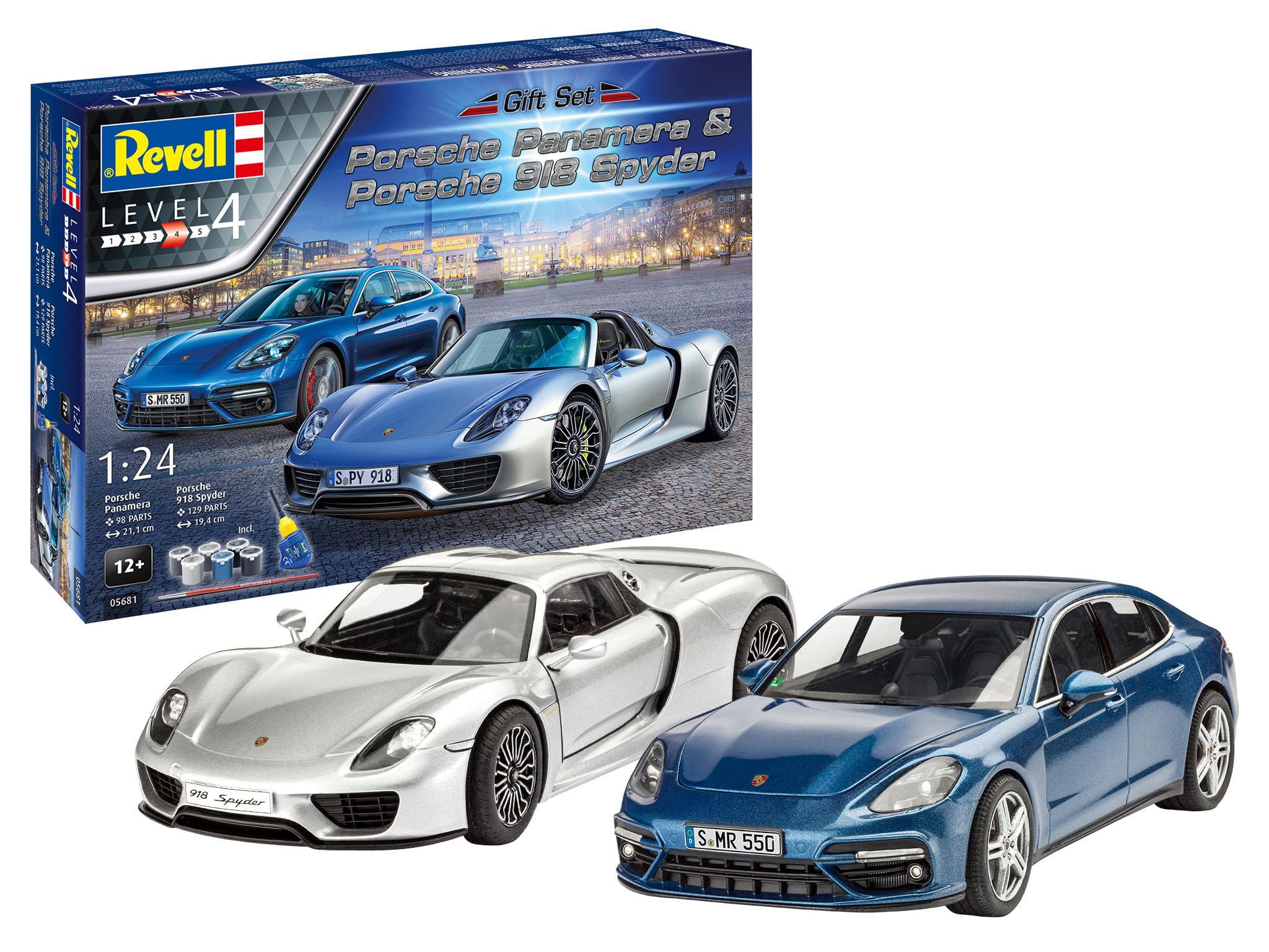 Revell Gift Set 05681 Porsche 918 Spyder & Panamera 1:24 Scale Unbuilt Plastic Model Kits with Contacta Professional Glue, Paintbrush & Selected Aqua Color Paints