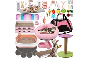 Locmeo 40 Pcs Kitten Starter Kit for Indoor Cats Include Cat Litter Box Cat Toys, Cat Collars, Cat Bed Scratch Pad, Nail File Feed Bowls and More for Kitten Supplies Accessories Welcome Gift (Pink)