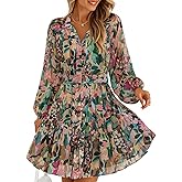 ZESICA Womens Spring Summer Floral Mini Dress Long Sleeve Button Chiffon A Line Swing Short Wedding Guest Party Dresses