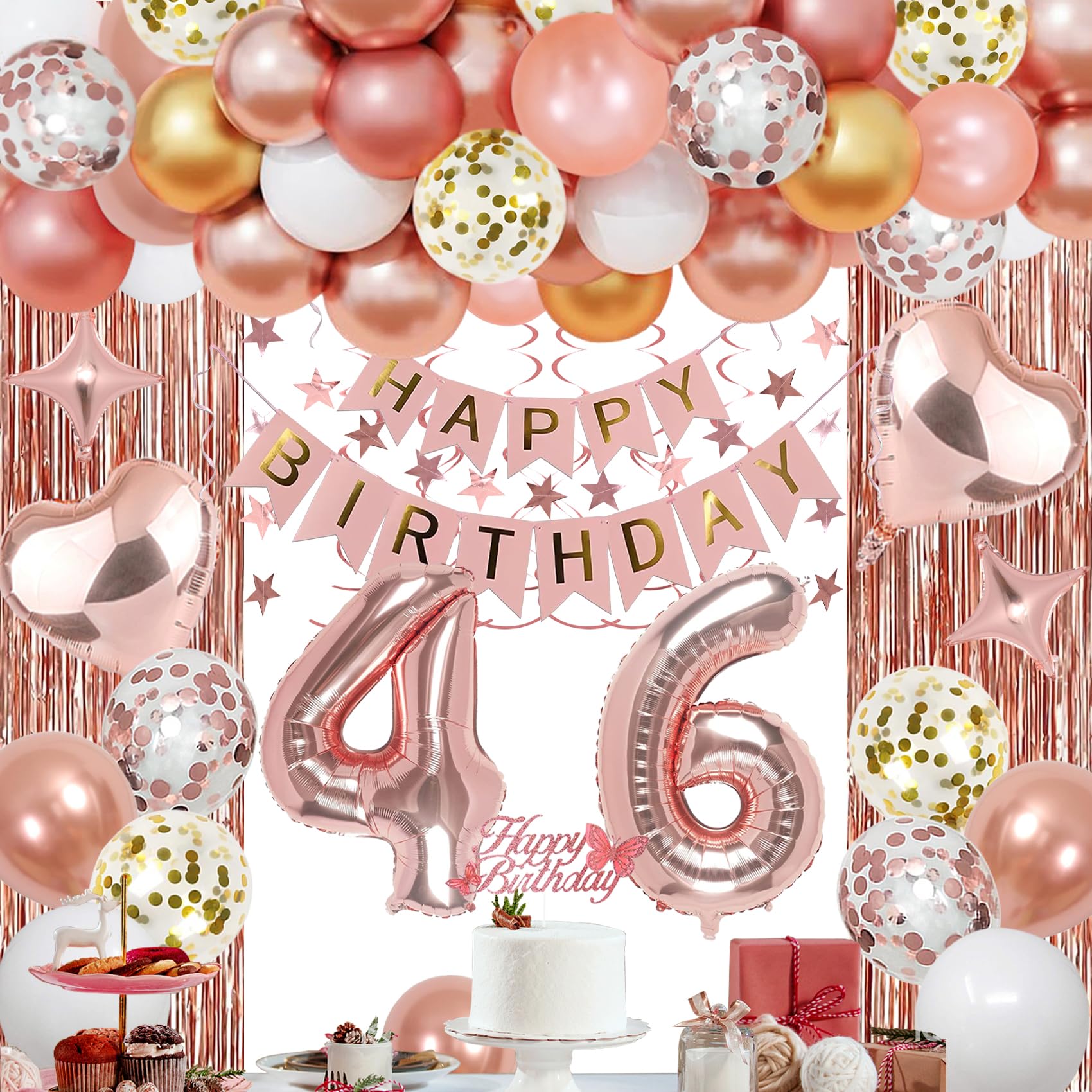 Photo 1 of 46th Rose Gold Birthday Party Decorations for Women, Rose Gold Happy Birthday Banner, Fringe Curtains, Heart Foil Balloons, Confetti Balloons, Cake Topper for 46th Birthday Decorations