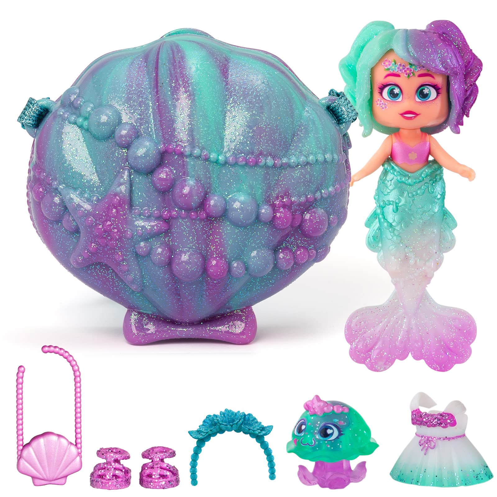 KOOKYLOOS - 1 doll 3 unique expressions! PEARL Mermaid doll with 1 shell-bag, 1 mermaid tail, 1 pet, clothes and accessories, Green