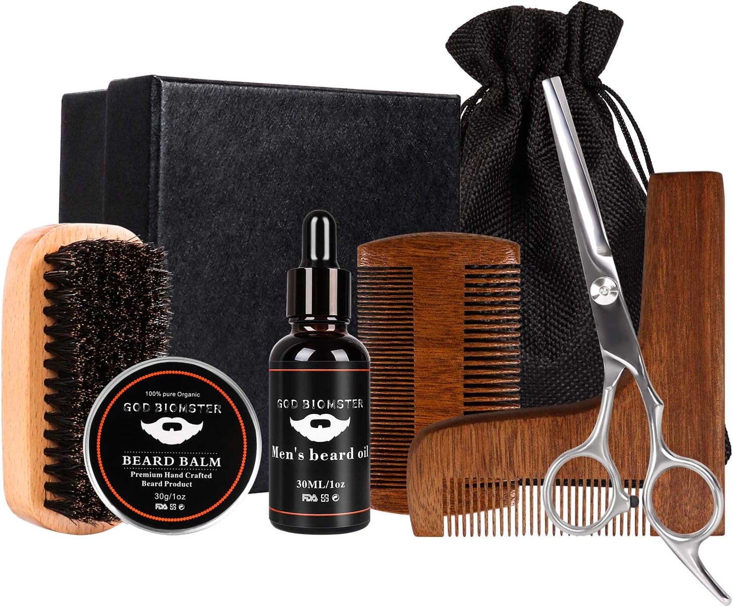 SANLINKEE Beard Grooming Kit for Men, Beard Trimming Set Beard Brush + L-Shaped Tool Comb+ Beard Oil (30ml) + Beard Balm Wax (30g) + Sharp Scissors for Styling + Portable Black Bag