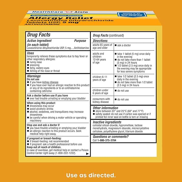 HEALTHCAREAISLE ALLERGY RELIEF – LEVOCETIRIZINE DIHYDROCHLORIDE TABLETS USP, 5 MG, 160 TABLETS, ORIGINAL PRESCRIPTION STRENGTH ALLERGY MEDICATION, 24-HOUR RELIEF, 80 COUNT (PACK OF 2)