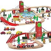 SainSmart Jr. Wooden Train Set for Toddler, Double-Side Wood Train Track with 4 Trains Fits Brio, Thomas, Melissa and Doug, Toy Railway Kit for Kids Ages 3+