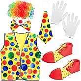Jucoan 7 PCS Clown Costume Set, Clown Rainbow Wig Nose Bow Tie Shoes Vest White Gloves Accessories for Clown Dress Up for Circus Carnival Birthday Party, Size S Vest for Women, Adult