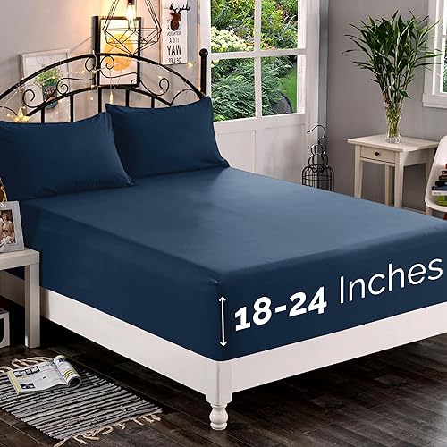 Elegant Comfort 1500 Premium Quality Fitted Sheet Ultra Soft 18-24 Inch Extra Deep Pocket - Single Fitted Sheet for High Mattress - Wrinkle Free with Smart Storage Pockets, Twin/Twin XL, Navy Blue