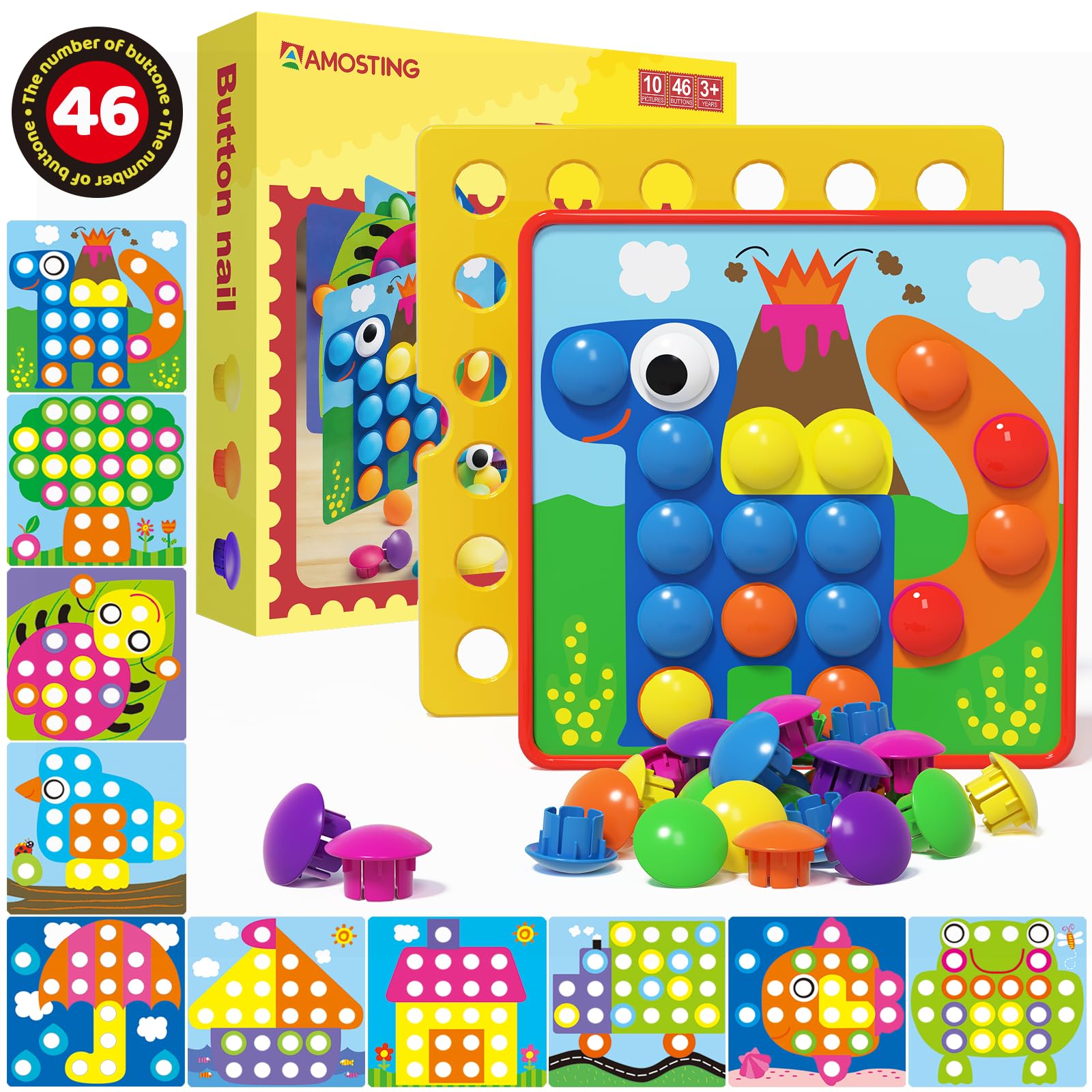 AMOSTING Button Art Toy – Educational Color Matching Mosaic Pegboard Sensory Learning Activity for Kids Age 3 4 5, Preschool Gift for Toddlers, Boys and Girls