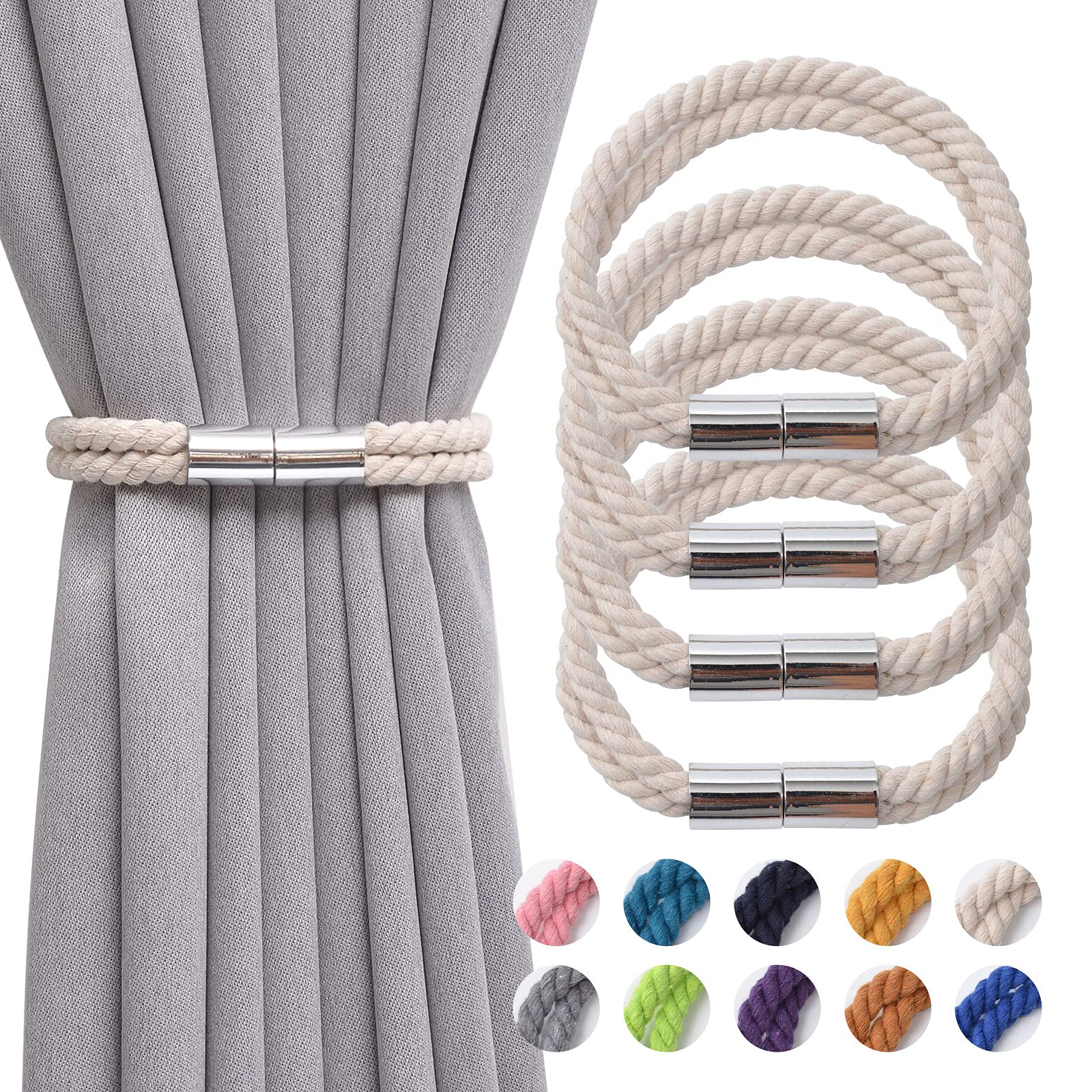 Pretty Jolly 4 Pack Strong Magnetic Curtain Tiebacks Boho Decoration Drape Tie Backs Natural Cotton Handmade Double Rope Curtain Holdbacks for Thin or Thick Home & Office Window Drapery (Beige)