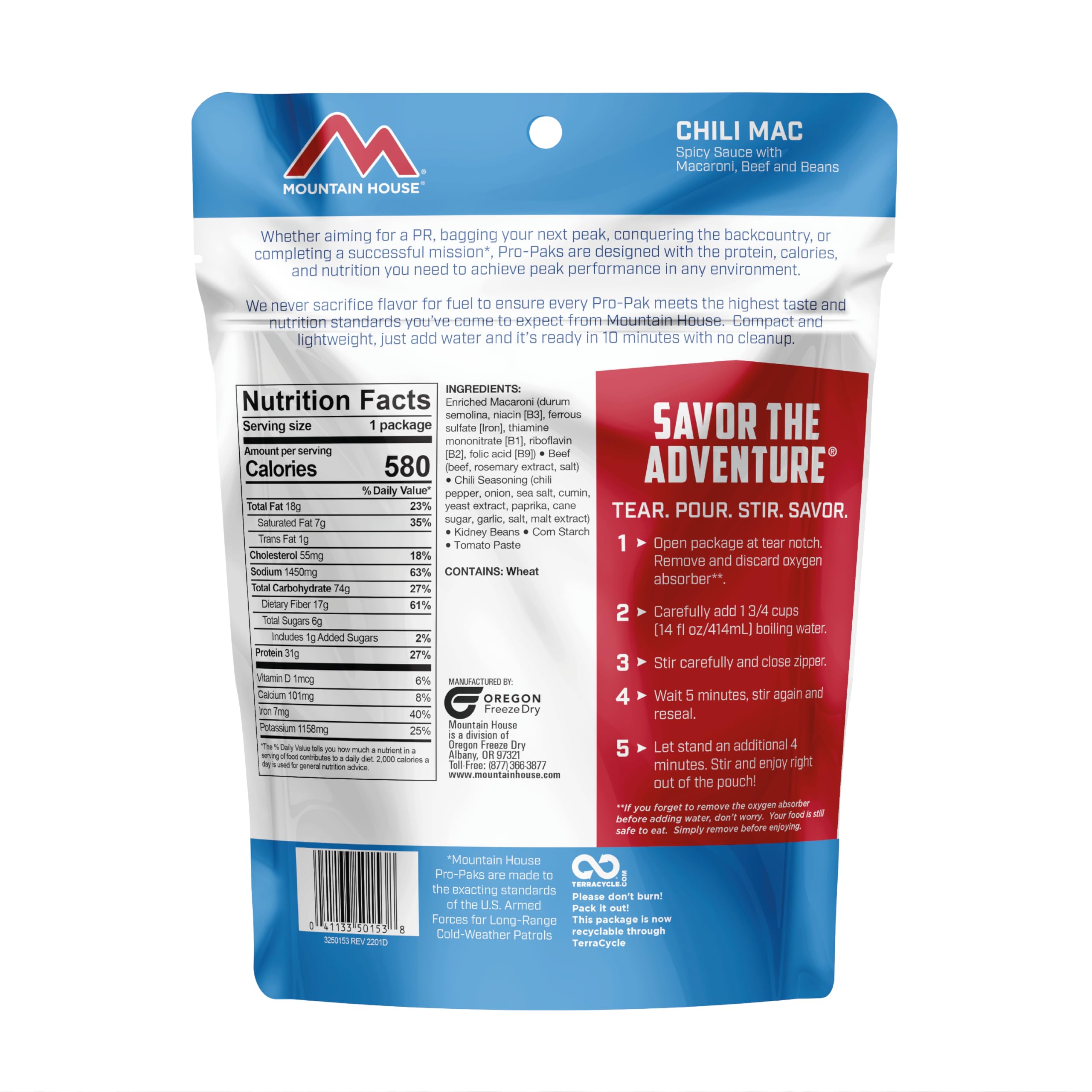 Mountain House Chili Mac Pro-Pak | Freeze Dried Backpacking & Camping Food | One Serving
