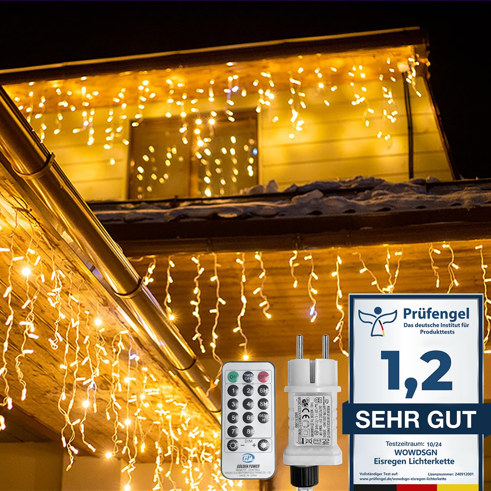 WOWDSGN LED Eisregen Lichterkette Außen, 15M 660LED Eiszapfen mit Timer 8 Modi IP44 wasserdicht Strombetrieben, Lichtervorhang für Weihnachten Dachkante Dachrinne Terrasse Balkon Warmweiß