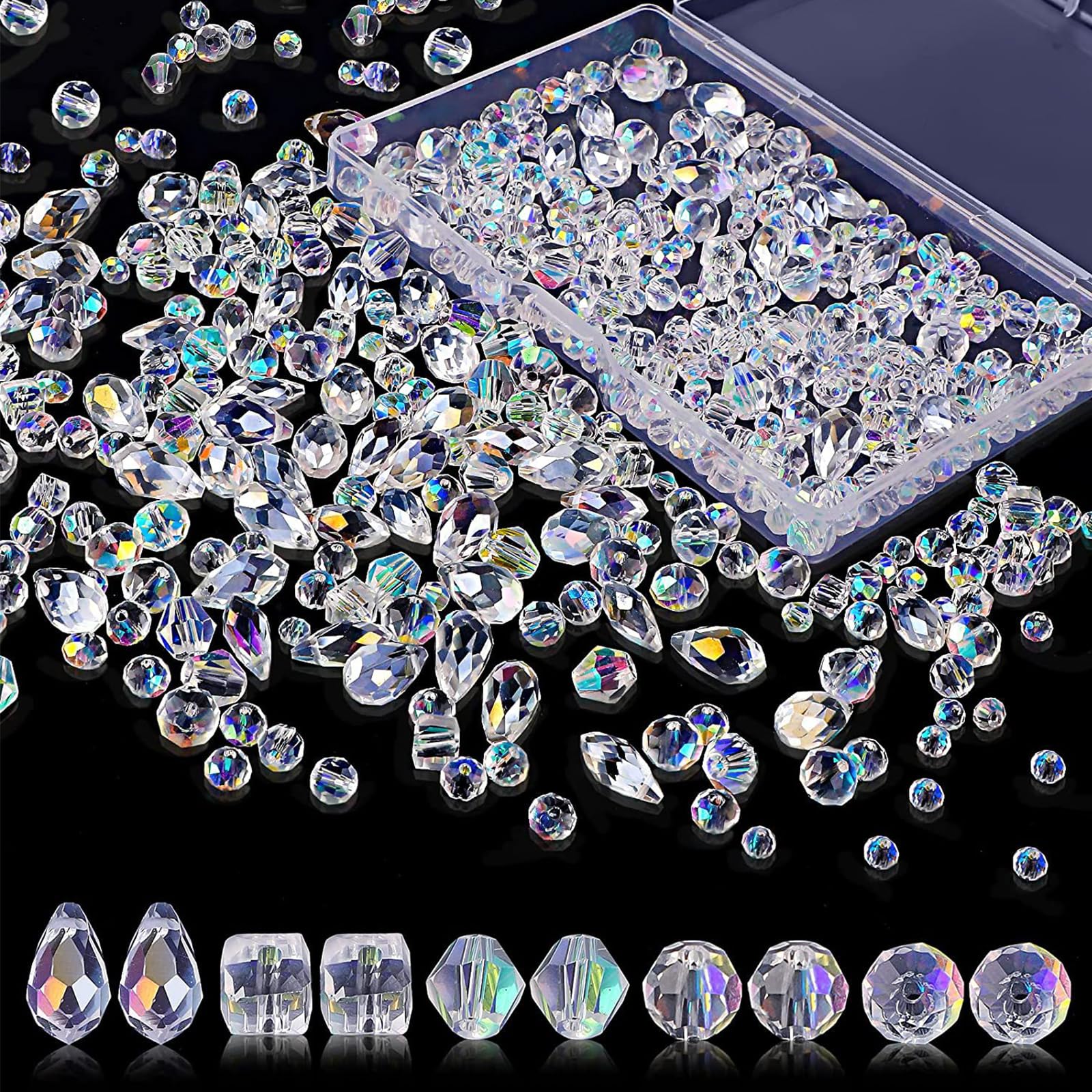 Bezavea 900Pcs Crystal Glass Beads - Clear Faceted 8mm/6mm/4mm Mixed With Storage Box for DIY Jewelry Bracelet Necklace Craft Making, Transparent