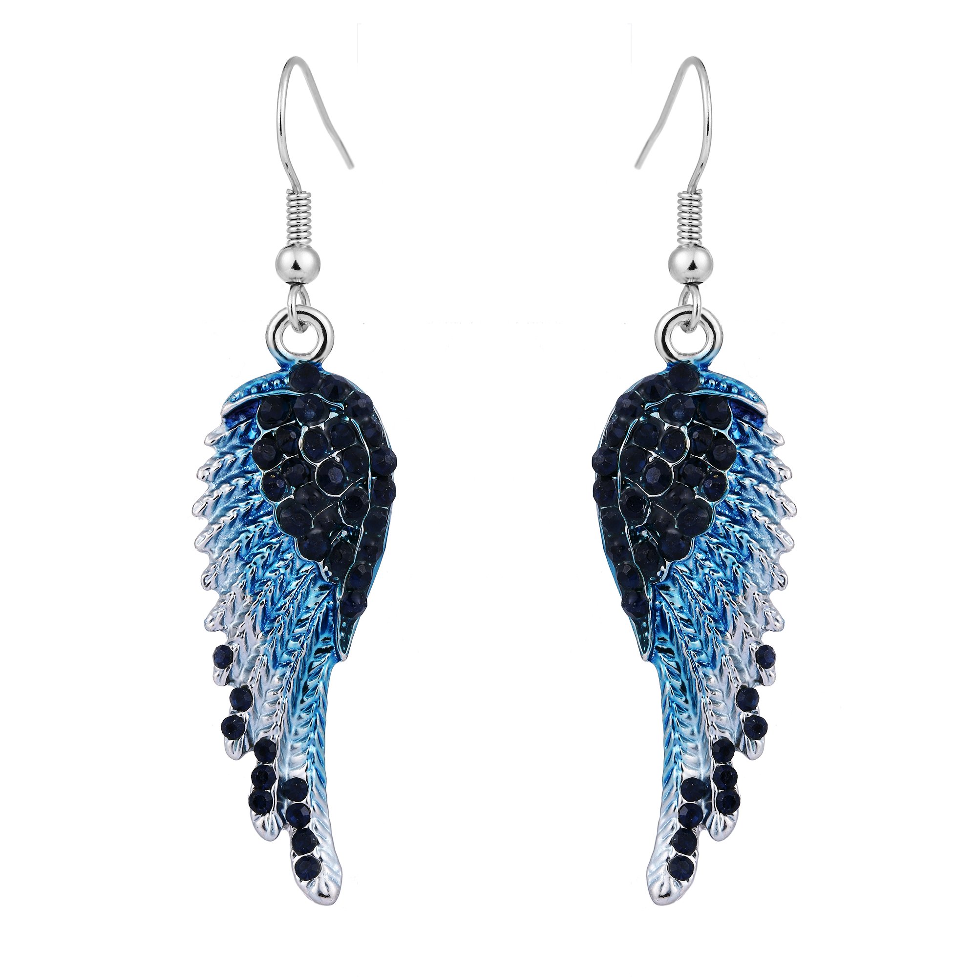 EVER FAITH Angel Wing Earrings Rhinestone Crystal Enamel Angel's Wings Hook Dangle Earring for Women Girls Blue Silver-Tone