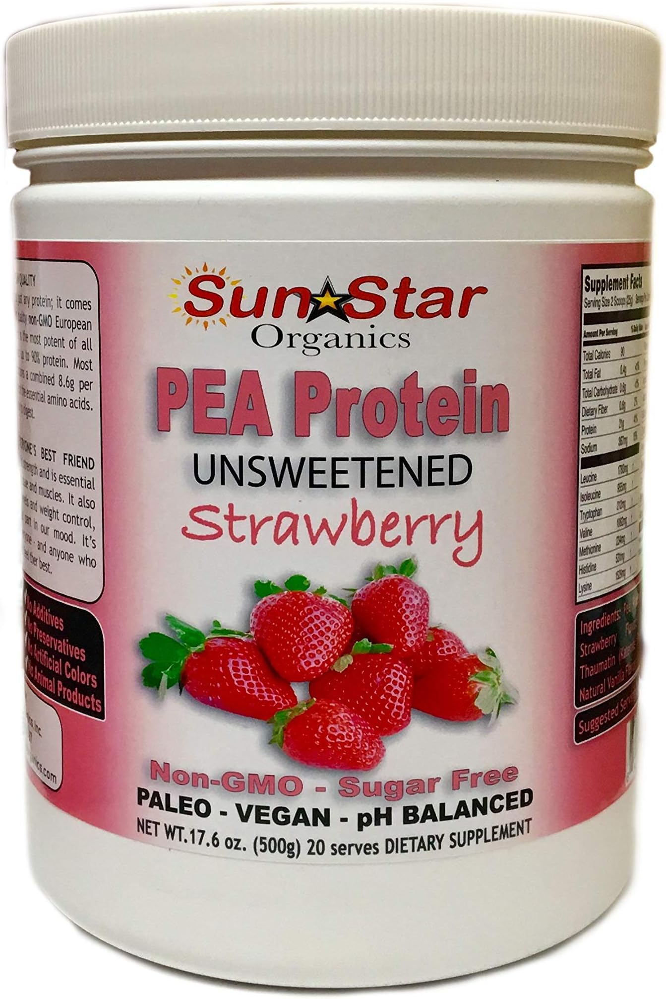 Pea Protein Powder- Unsweetened, Strawberry Flavor with Beet Powder & Vanilla Flavor - Soy Free, Non-GMO 17.6oz