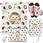 Talltalk 6 Pcs Hedgehog Gifts for Women Hedgehog Lover Gift Set, Socks Canvas Bag Makeup Bag Spiral Notebook Ballpoint Pen and Stainless Steel Keychain for Christmas Birthday Graduation Thanksgiving