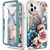 Turquiase Cute Flower Case for iPhone 12/12 Pro 6.1 inch Built with Screen Protector, Lightweight and Stylish Full Body Shockproof Protective Rugged TPU Case for Women/Girls-Camellia