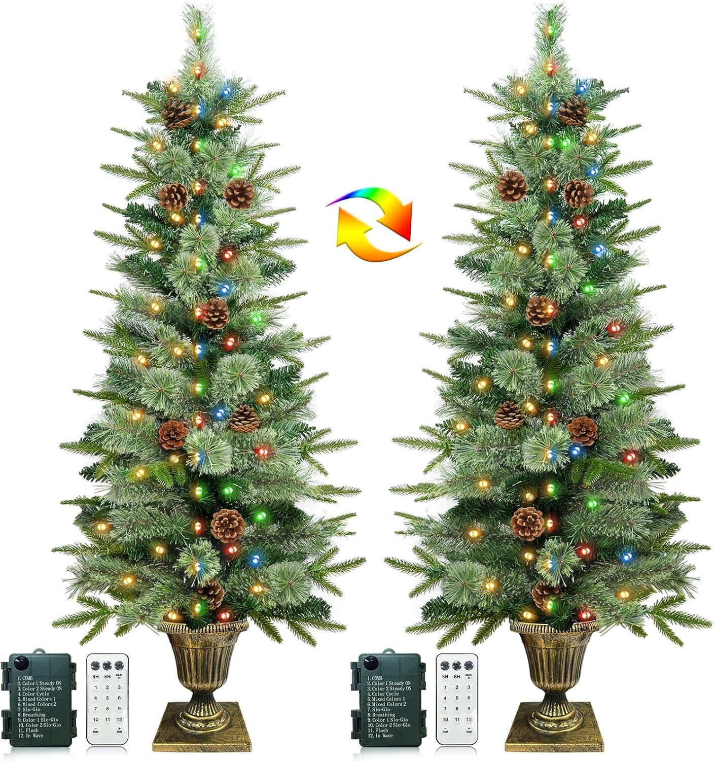 Photo 1 of 2 Pack 4 Ft Christmas Entrance PE Tree in Gold Pot Base, Douglas Fir Potted Xmas Realistic-Feel Tree with 80 White & Colored Lights, Timer, 12 Modes Battery Powered for Porch Front Door Xmas Decor