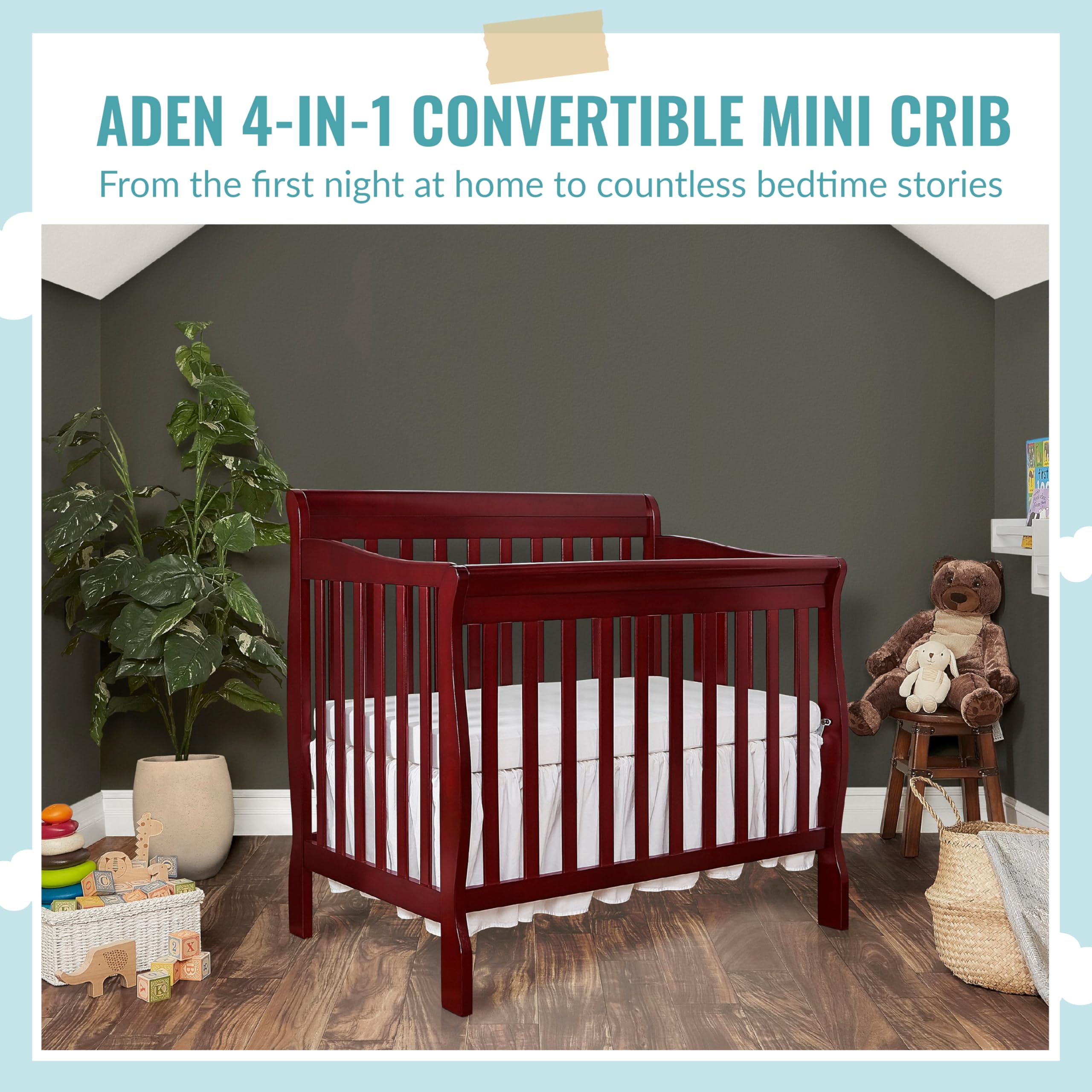 Dream On Me Aden 4in1 Convertible Mini Crib In Cherry, Greenguard